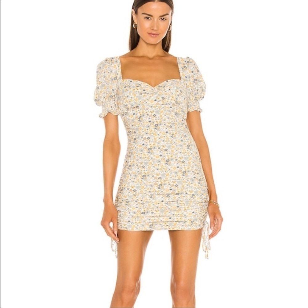 Revolve Bardot Cindy Sweetheart Soft Yellow Floral Ruched Mini Dress